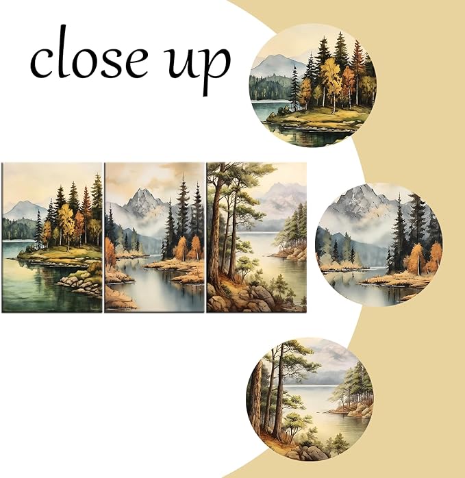 Forest Canvas Wall Art Mountain Green Trees Lake Landscape 3 Pieces Painting Posters Abstract Theme HD Picture Print Artwork for Modern Home Bedroom Living Room Hotel Ready to Hang [48''Wx24''H]