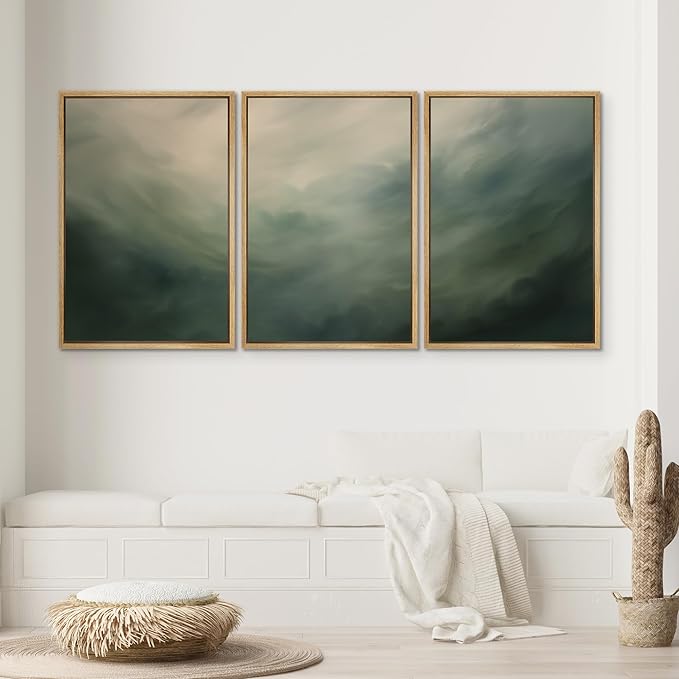 SIGNWIN Framed Canvas Print Wall Art Set Green Abstract Cloudy Landscape Illustrations Modern Art Decorative Boho Relax/Zen Nordic for Living Room, Bedroom, Office - 24"x36"x3 Natural