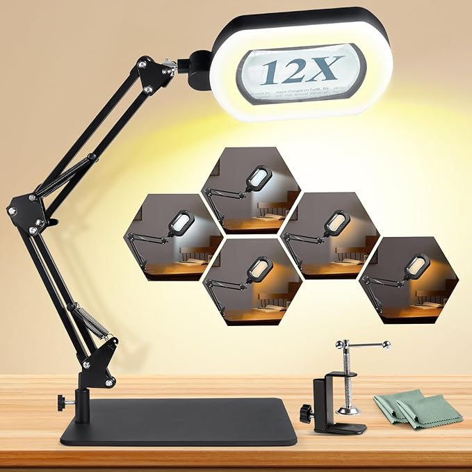 12X Square Magnifying Glass with Light and Stand with 144 LEDs Brightiness, 5 Color Modes Hands Free Lighted Magnifying Glass, 10 Dimmable Brightness Magnifying Desk Lamp for Close Work Craft Reading