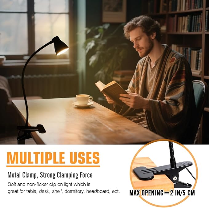 CRI 90+ Clip on Reading Light, Small Clamp on Desk Lamp, 3000K-6500K Adjustable Color Temperature, Gooseneck Bed Clip Light for Headboard(Adapter Included)