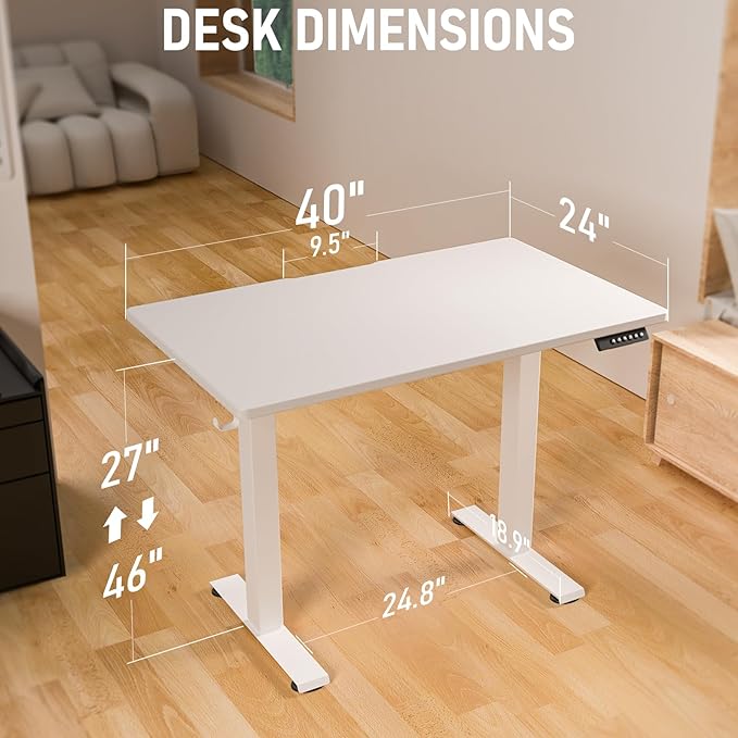 40" x 24" Electric Standing Desk, Adjustable Height Sit Stand Desk with 3 Preset Heights & 2 Hook, Electric Desk for Home Office Gaming, White