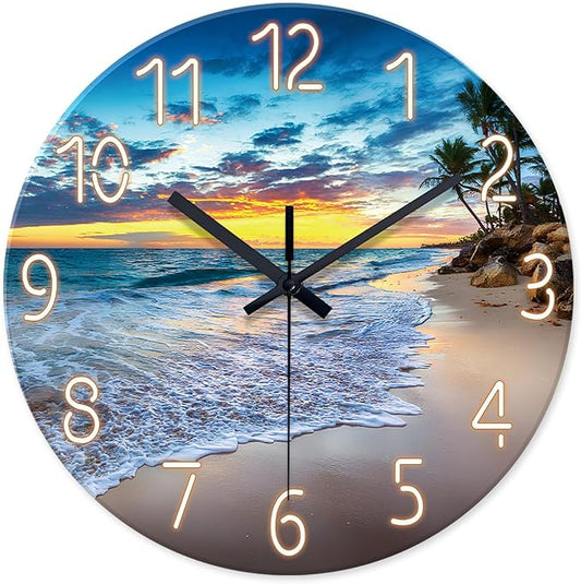Glass Beach Wall Clocks Battery Operated 16 Inches or Larger Analog Wall Clock Silent Non Ticking Blue Wall Clock for Living Room