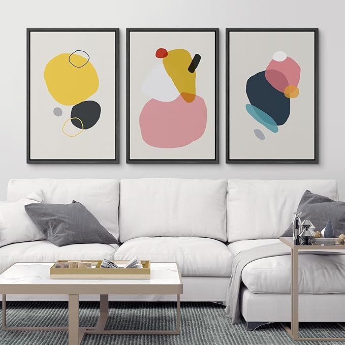 SIGNFORD Framed Wall Art Print Set Yellow, Pink, Black & Blue Transparent Blots Abstract Shapes Digital Art Modern Art Contemporary Colorful for Living Room, Bedroom, Office - 16"x24"x3 Black
