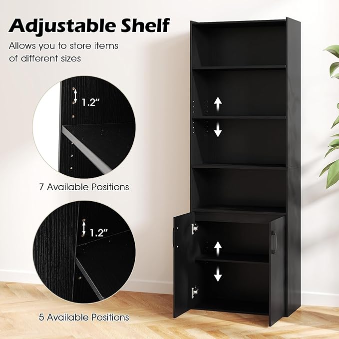 Giantex 70" Bookcase with 2 Doors, 6-Tier Modern Bookshelf w/Cabinet, Elegant Storage Cabinet, Adjustable Shelves, Multipurpose Display Rack, Storage Organizer for Living Room Bedroom Study (Black)