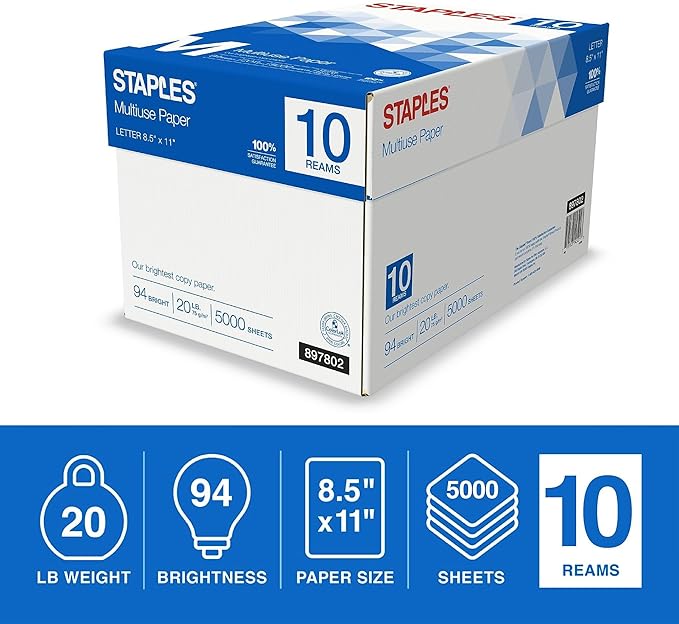 Staples Multipurpose Copy Printer Paper, 20 lb, 8.5 x 11 Inches, 10 Reams, 94 Bright, White