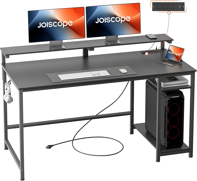 JOISCOPE Home Office Desk with Power Outlets (3AC, USB, Type-C), 55 × 20 Inch Computer Desk with Reversible Shelves, Laptop Table with Display Riser, Gaming Study Drafting Table for Bedroom, Black