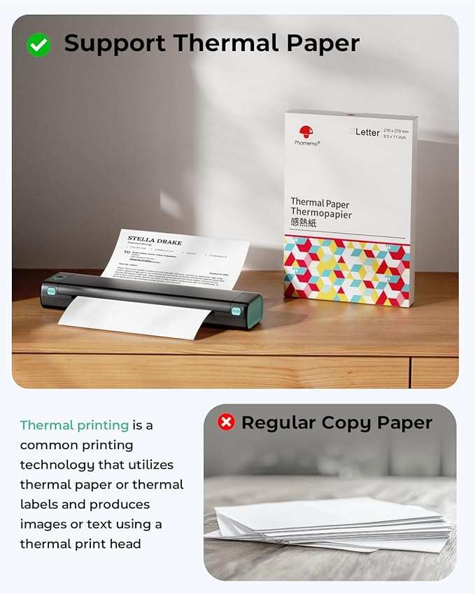 Phomemo Portable Printers Wireless for Travel - Bluetooth Thermal Printer Supports 8.5" X 11" Letter, Inkless Printer Compatible with Phone Laptop for Home Use Car School Office, Come with Carry Case