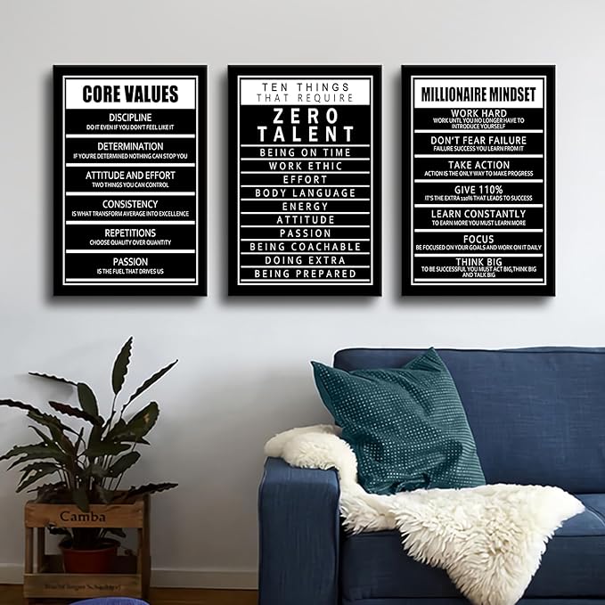 Motivational Canvas Wall Art Inspirational Quotes Picture Painting Ten Things That Require Zero Talent and Core Values Print Poster for Office Bedroom Living Room Artwork Ready to Hang [48''Hx24''W]
