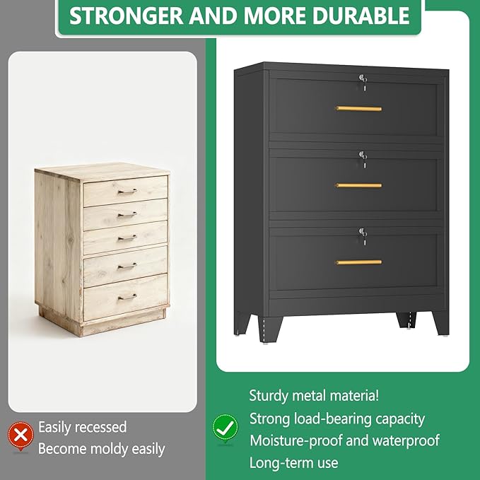 Metal Lateral File Cabinet with Lock,3 Drawer Steel Wide Filing Organization Storage Cabinets,Office Filing Cabinet for Legal/Letter/A4/F4 Size with Hanging Files&Key,Lockable Cabinets for Home Office