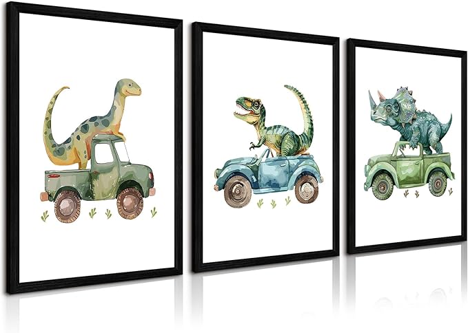 Dinosaur Nursery Wall Art Kids Canvas Poster Baby Boy Nursery Wall Decor Green Dino Pictures Toddler Prints Cartoon Dino Car Painting Boys Room Artwork for Bedroom Bathroom 12x16x3 Inch Wood Framed