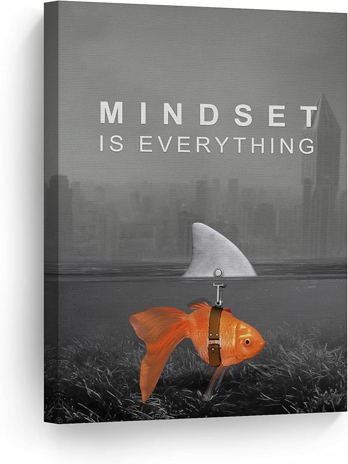 Smile Art Design Mindset is Everything Wall Art Canvas Print Black and White Goldfish Shark Entrepreneur Inspirational Motivational Quote Living Room Office Decor Ready to Hang 40x30