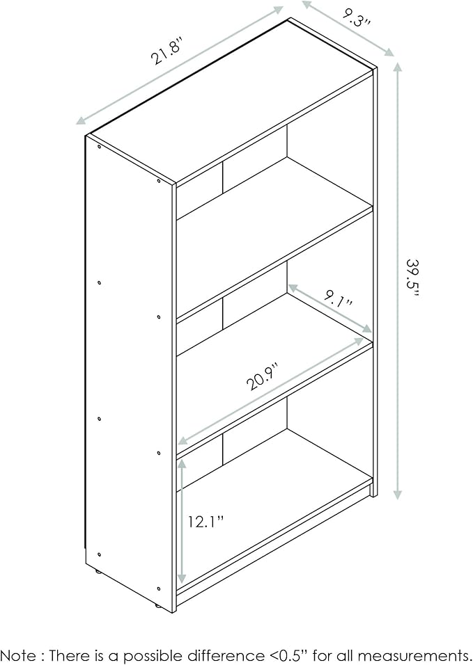 Furinno BASIC Book Shelf, 3-Tier Modern Bookshelf, Bookcase with Open Shelves, 9.3 x 21.8 x 39.5, for Living Room, Bedroom, Home Office, Columbia Walnut/Black