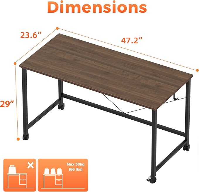 Mericonia 48 inch Rolling Computer Desk with Wheels, Gaming Desk for Small Spaces, Modern Simple Style Table for Home Office, Study Writing Table