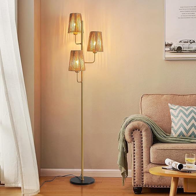 Boho Floor Lamp for Living Room:3 Light Rattan Floor Lamp for Bedroom, Gold Standing Lamp with Foot Switch, Coastal Rustic Tall Lamp, No Bulb
