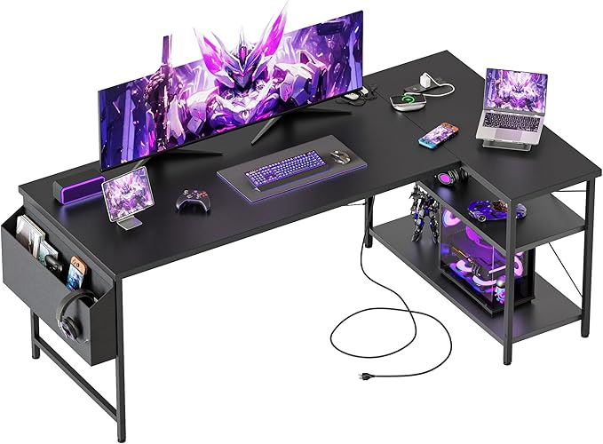 Mericonia Small L Shaped Computer Desk with Power Outlets, Reversible Gaming Desk with Storage Shelves, Corner Gamer Desk Table, Study Writing Table