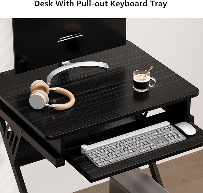 Zenira Small 24 Inch Tall Computer Desk with Drawers, Corner Gaming Desk for Bedroom, Home, Office, Black