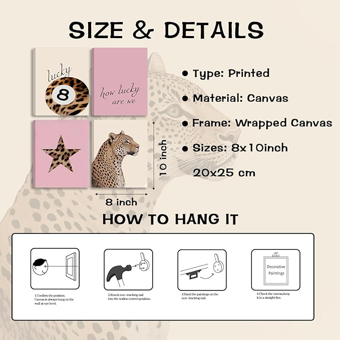 SEHSUVC Pink Lucky Leopard Wall Art Set of 4, Vintage Y2K Preppy Aesthetic Canvas Prints, Lucky 8 Ball Star and Quote Trendy Fashion Wall Decor for Bedroom Dorm Bathroom Home Decor 8x10in Framed