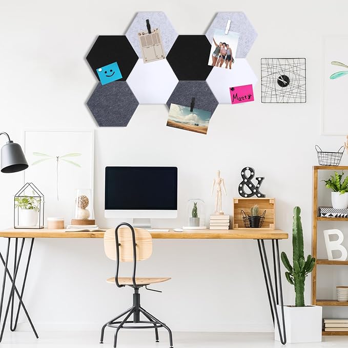8 Pcs 12" Large Hexagon Felt Cork Bulletin Board Tiles Self Adhesive DIY Pin Board with 50 Push Pins and 10 Colored Clips, Wall Decor for Office Home Kitchen Photos Memos(Black White)