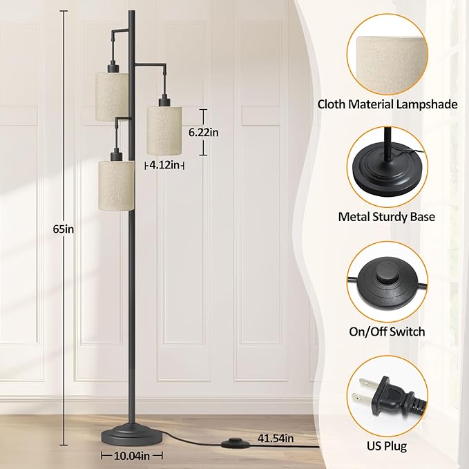3 Lights Boho Floor Lamps with ON/Off Foot Switch Tree Standing Lamp with Hanging Lampshades Farmhouse Floor Lamp Tall Pole Lamp for Living Room Bedroom Office, 3 PCS 6W Bulbs Included