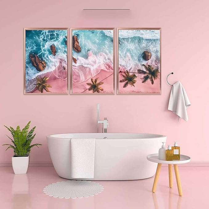 3Pcs Pink Beach Canvas Wall Art Tropical Coastal Palm Trees Wall Decor Pictures Preppy Ocean Wave Landscape Posters Prints for Living Room Bedroom Teen Girls Room Artwork Home Decoration Unframed