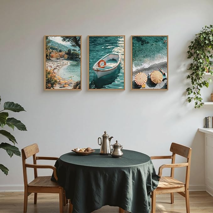 Aryroi Italy Spring Coastal Seascape Framed Canvas Wall Art Set,Mediterranean Amalfi Italian Blue Green Seaside Beach Decor,Natural Foreign Travel City Summer Artwork for Living Room,Farmhouse- 24"x36"x3