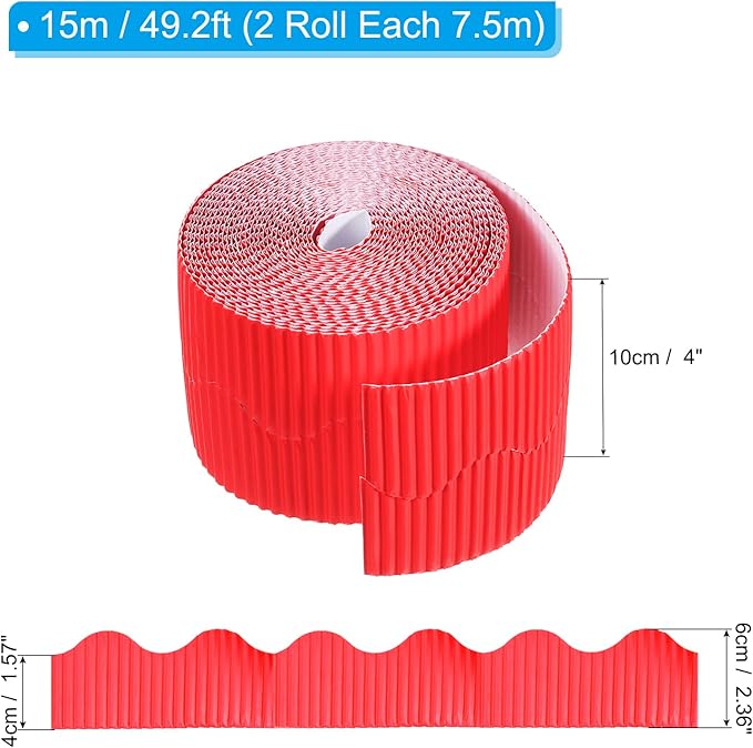 PATIKIL 3.9inch x 49.2ft Bulletin Board Border, Scalloped Trim Paper Corrugated Paper for Locker Classroom Decor Black White Cork Poster Boards, Red