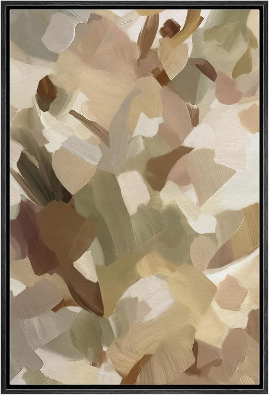 MUDECOR Framed Canvas Print Wall Art Layered Abstract Brushstroke in Natural Shades Illustrations Minimalism Decorative Relax Colorful for Living Room, Bedroom, Office - 16"x24" Black