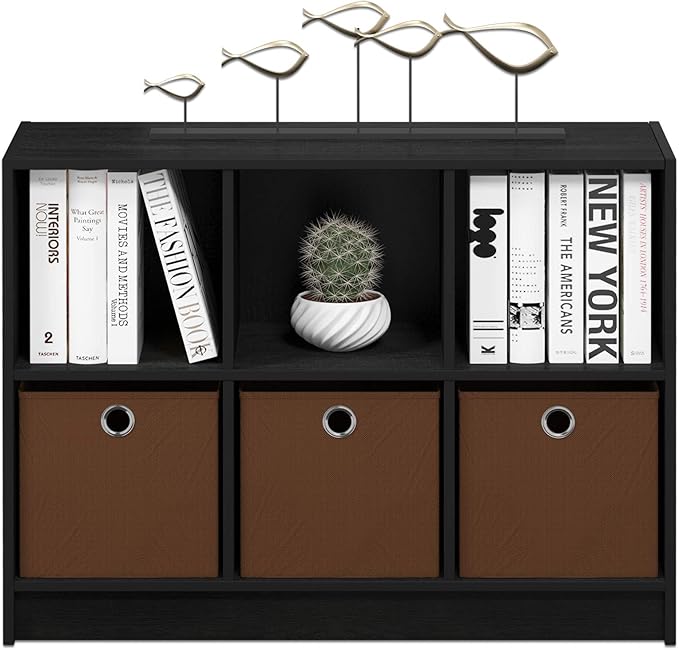 Furinno BASIC Book Shelf, 6-Cube Bookshelf with Open Shelf, 3 x 2 Bookcase with Storage Bins, Closed Back, Horizontal, 11.9 x 31.6 x 23.6, for Living Room, Bedroom, Home Office, Americano