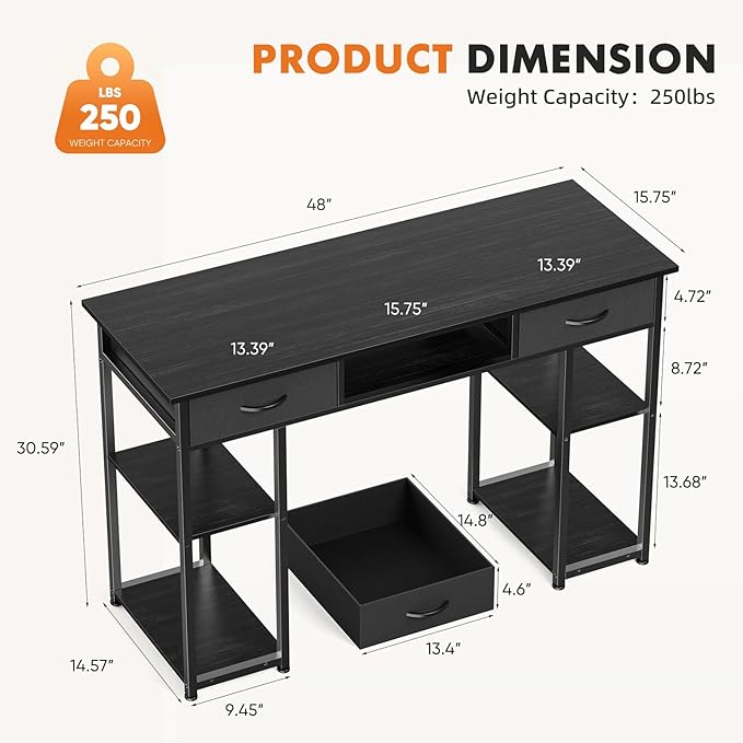 Sweetcrispy Computer Gaming Desk with Drawers- 48 Inch Home Office Bedroom Writing Study PC Table with Storage Shelves, Metal Frame Adjustable Feet, Pure Black
