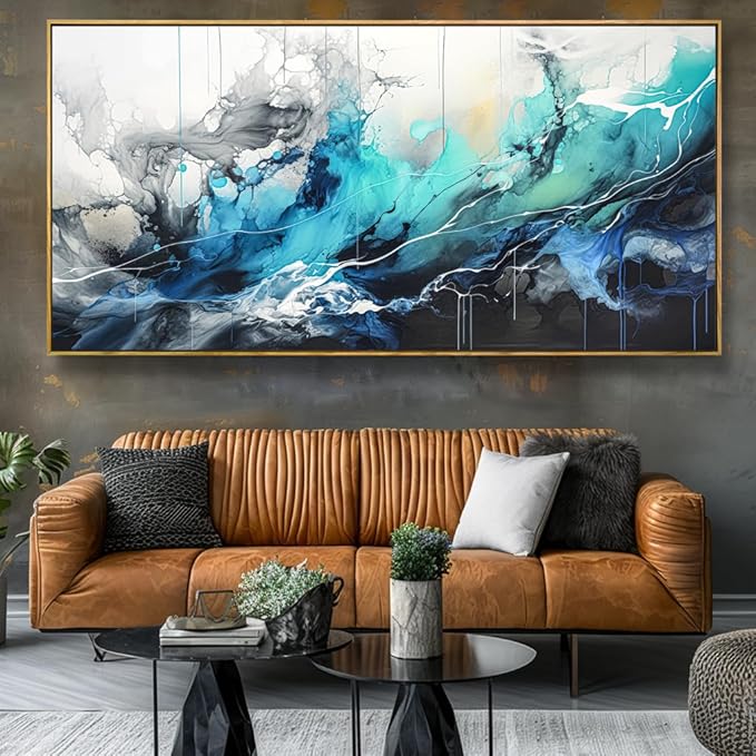 Wall Art Abstract Canvas Painting Teal Blue Modern Artwork for Living Room Bedroom Dining Room Home Office Decor 24"x48" with Framed