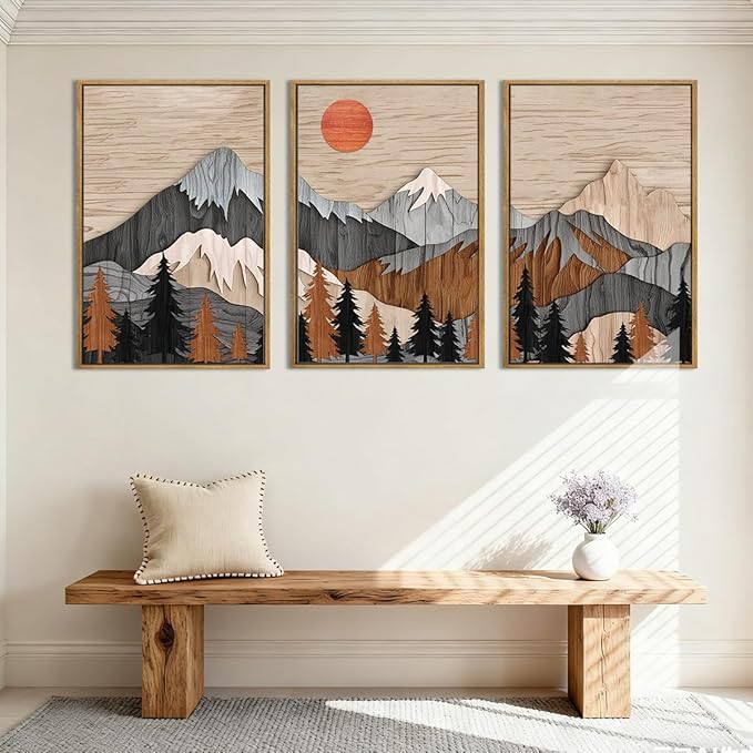 ANHUIB Mountain Wall Art 16x24 Inch Large Forest Wall Decor Woodcut Pine Tree Illustration Nature Wilderness Art Print Abstract Landscape Painting Set of 3 for Living Room Bedroom Office