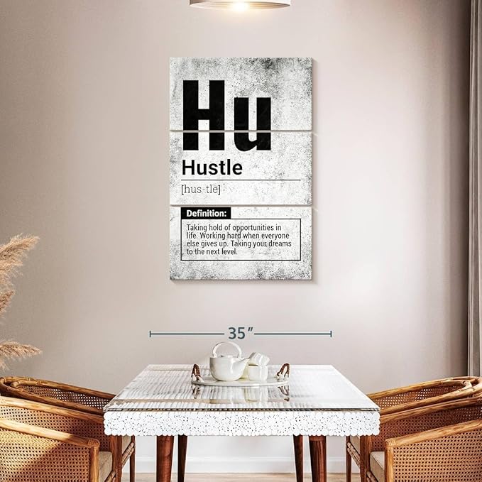 Elephant Stock - Hustle Definition Grunge Wall Art - Vertical Multi Panel Canvas - 3 Piece Living Room Wall Decor - Digital Art Inspirational And Typography Multi Piece Wall Art - Black And Gray Decor - 28" x 45"