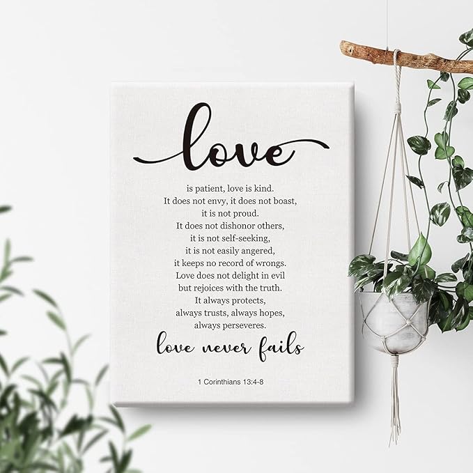 Bible Verse Art Wall Decor 1 Corinthians 13:4-8 Love Never Fails Scripture Canvas Painting Print for Home Living Room Decor Framed Artwork Christian Wedding Gifts(12x15 Inch)