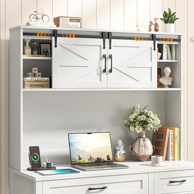 Farmhouse 67" H Executive Desk with Hutch,Computer Desk with Charging Station,Office Table with LED light and 4 Drawers,File Drawers and Storage Cabinet,Workstation for Home Office.Cream White