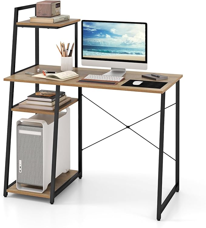 Giantex Computer Desk with Shelves, 47.5” Home Office Desk with Bookshelf, Host Stand, Metal Frame, PC Laptop Workstation, Modern Study Writing Desk for Bedroom, Small Space (Natural & Black)