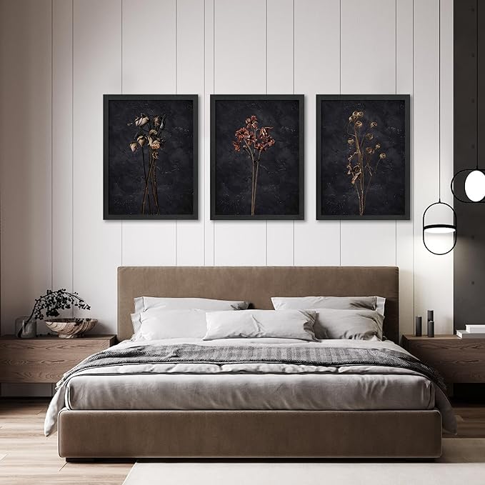 3 Piece Black Framed Dried Flower Wall Art Set Modern Minimalist Wall Decor For Living Room Bedroom Home Decoration Art Prints 12x16 Inches Wood Framed Easy to Hang