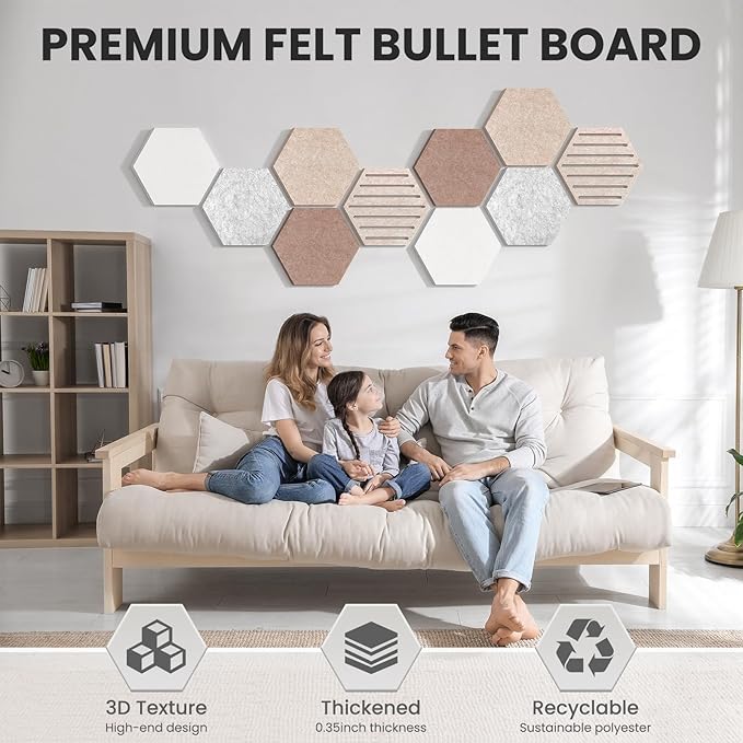 Hexagon Cork Bulletin Board Tiles, 10 Pack Felt Board with 25 Push Pins, Photo Display Board for Office & Home Classroom Wall Decor, 11.8x10.2 Inches