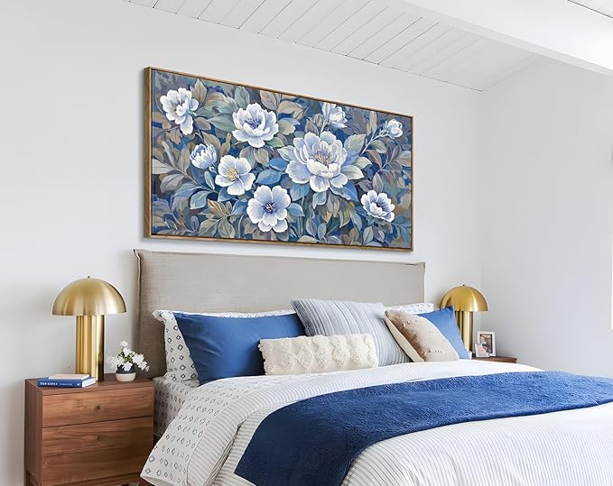 amatop Large Living Room Wall Decor - Floral Canvas Wall Art, Framed Art work, Modern Style Print, Blue Art Decor Picture For Bedroom Dining Room Office 48X24