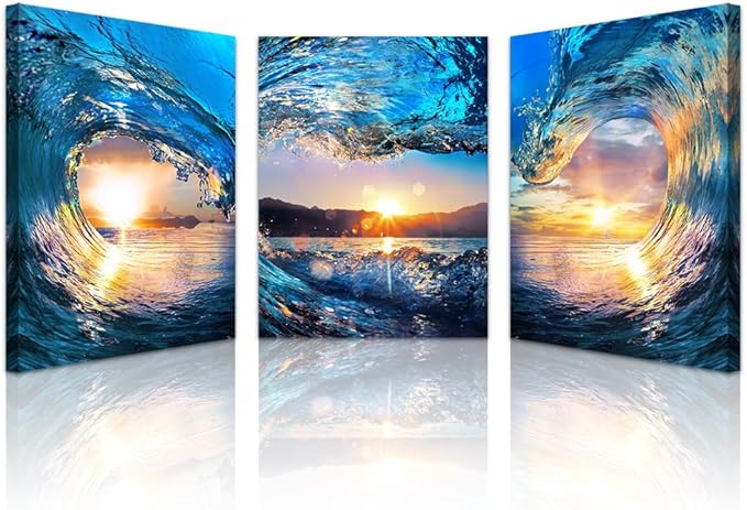 Lapremoly Wall Decor for Living Room & Bedroom - Canvas Wall Art - Ocean Waves Sunrise - Modern Bathroom Home Decoration - Ready To Hang - 16x24 in