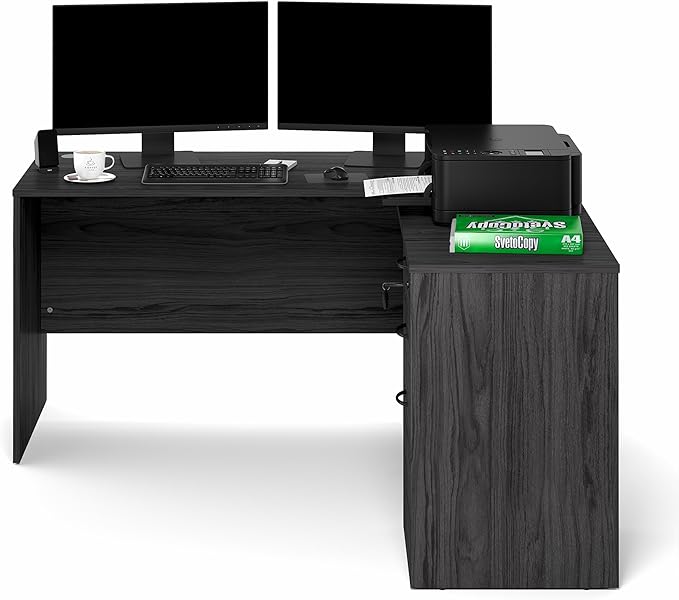 Furinno Roger 60 Inch L-Shaped Executive Desk with File Cabinet, L-Shaped Office Desk with 3-Drawer Fixed Pedestal Filing Cabinet, Desk Cord Grommet, for Home Office, Coastal Grey
