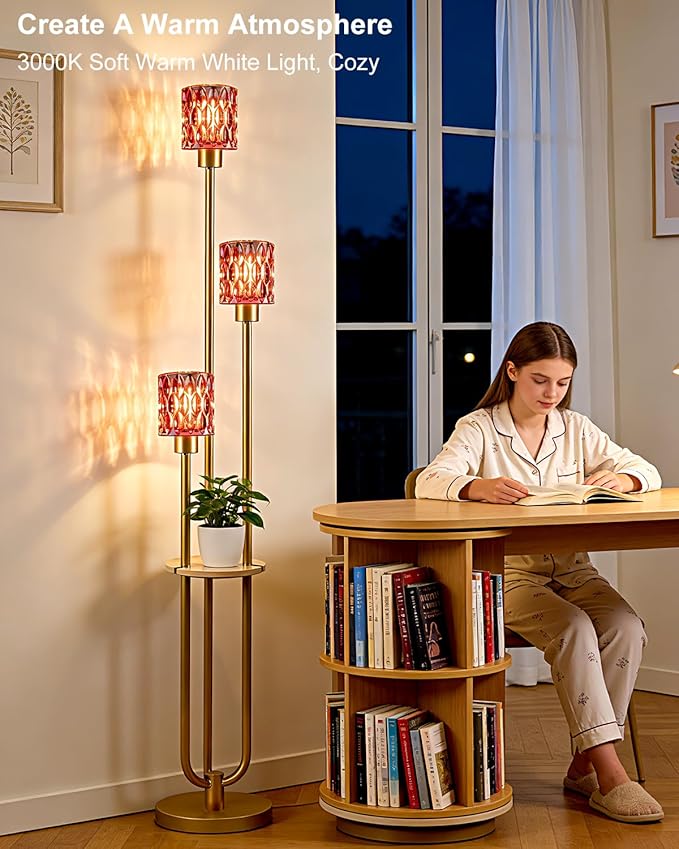 Lightdot 3-Lights Glass Floor Lamp for Living Room Modern Gold Floor Lamp with Rose Red Glass Shade for Wedding/Party Farmhouse Tall Standing Lamp for Bedroom/Sofa Beside/Corner Decor