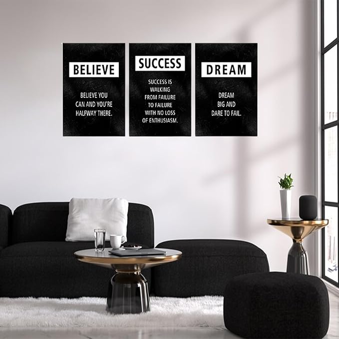 3 Panel Motivational Canvas Wall Art, Positive Office Wall Decor Believe Success Dream Inspirational Quote Poster Uplifting Prints Framed Black Picture Artwork for Bedroom Living Room Home, 24"x36"x3