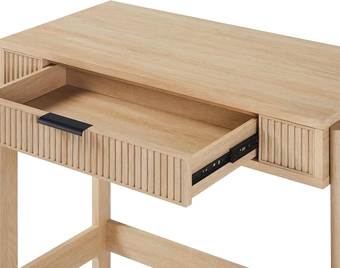 Walker Edison Transitional Style Furniture, Reeded Detail, Lift-Top Desk with Drawer and Storage Cubby, Sitting to Standing Desk, Soft Self-Close Desktop, 38 Inch, Coastal Oak