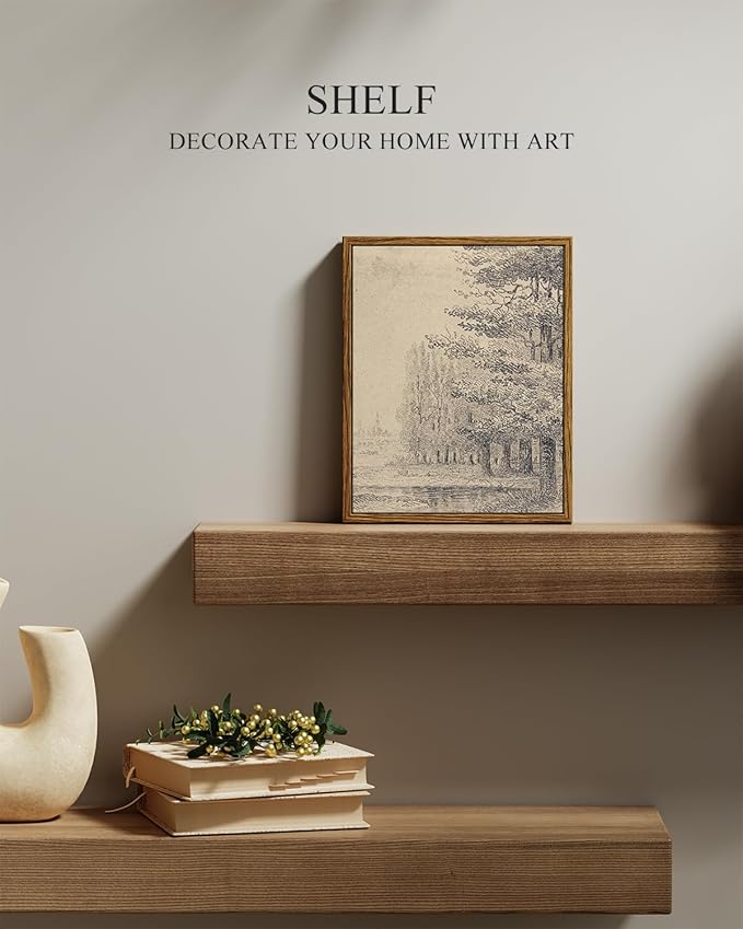 InSimSea Framed Canvas Print Art, Vintage Sketch Forest Woodland Landscape Painting, Rustic Farmhouse Cottage Decor for Hallway Wall Floating Shelf Desk Vanity Fireplace,10x8in, Neutral Tones