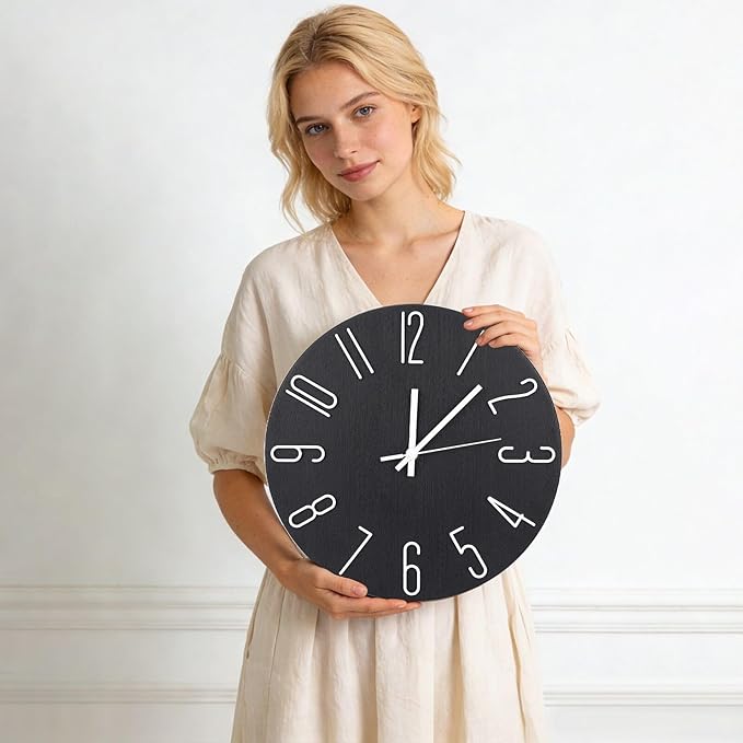 Wall Clock 12 Inch Silent Non-Ticking Imitation Wood Indoor Clock Round Brown Decor Clock Modern 3D Figures Quartz Wall Clocks for Home, Hotel, Office, School