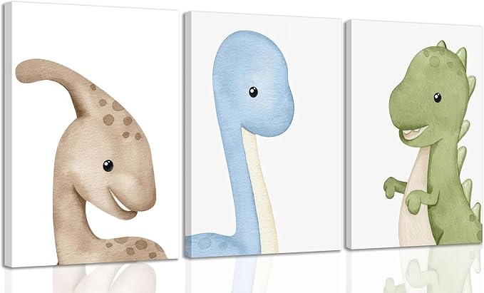 Dinosaur Wall Art Nursery Wall Decor Watercolor Dinosaur Posters Kids Room Canvas Funny Animals Prints neutral dino Pictures Boy Girl Nursery Bedroom Painting Ready to Hang Decorations Framed (Beige, 12x16in canvas)