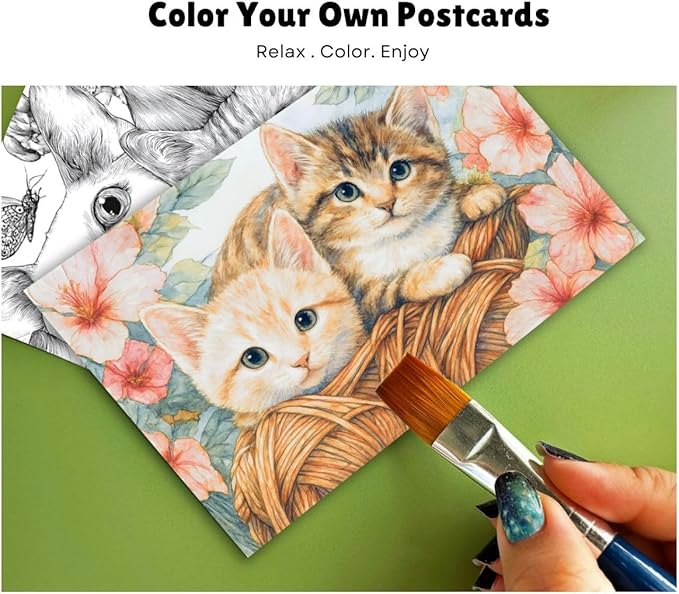 Artwink Watercolor Coloring Cards – Cat Theme, 15 Sheets (5x7 Inches, 300gsm), Works with Watercolor, Colored Pencils, or Markers, Great for Coloring Book Lovers & Watercolor Painting Practice
