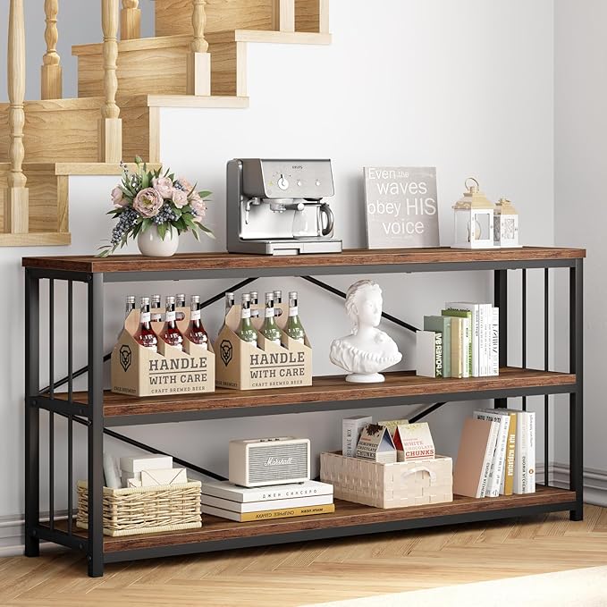 IBF Low Rustic 3 Tier Bookshelf, Industrial Horizontal Wood Bookcase, Farmhouse Long Wide Open Metal Etagere, Modern Large Vintage Book Shelf for Home Office Bedroom Living Room, Rustic Brown, 63 Inch