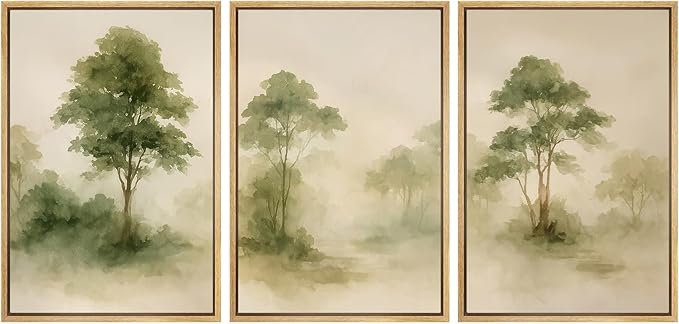 SIGNWIN Framed Canvas Print Wall Art Set Forest Trees Green Nature Landscape Illustrations Modern Art Decorative Nordic Abstract for Living Room, Bedroom, Office - 16"x24"x3 Natural