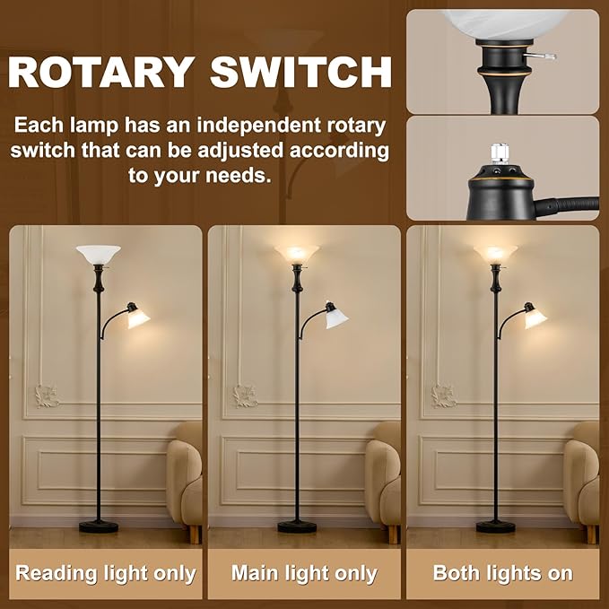 71'' Floor Lamps for Living Room, Tall Floor Lamp for Bedroom with Adjustable Angle Arc Reading lamp, Modern Torchiere Standing lamp with Glass Shade, Knob Switch, Bulb Included, Black